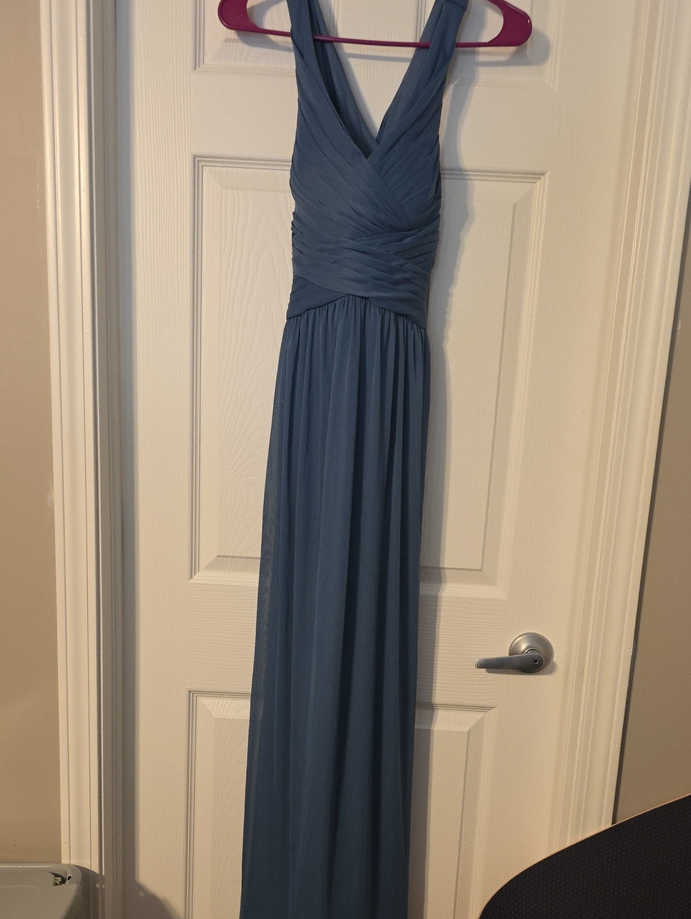 David's Bridal Dusty Blue Pleated V-Neck Maxi Dress